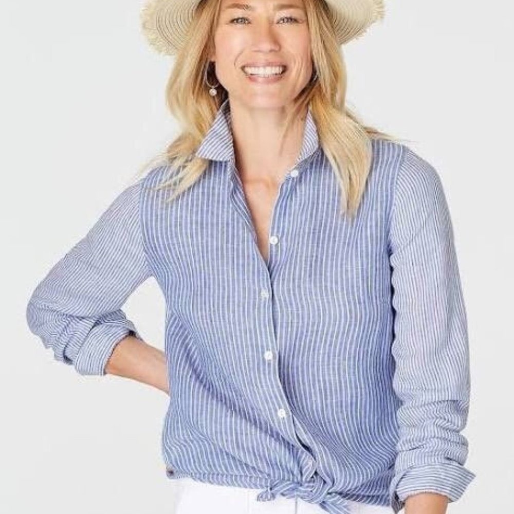 J Jill Womens Essential Shirt 2X Blue Stripe Button Up Coastal 100% Linen